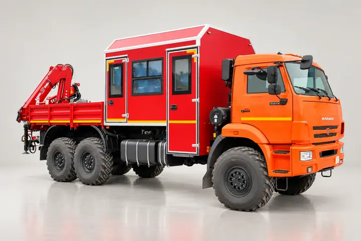 Вахтовый автобус 8 мест с бортовой платформой и КМУ Amco Veba 810/2S. КАМАЗ 43118-50