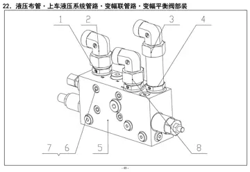 Hydraulic piping – Upper hydraulic system pipelines – Luffing section pipelines – Luffing counterbalance valve sub-assembly